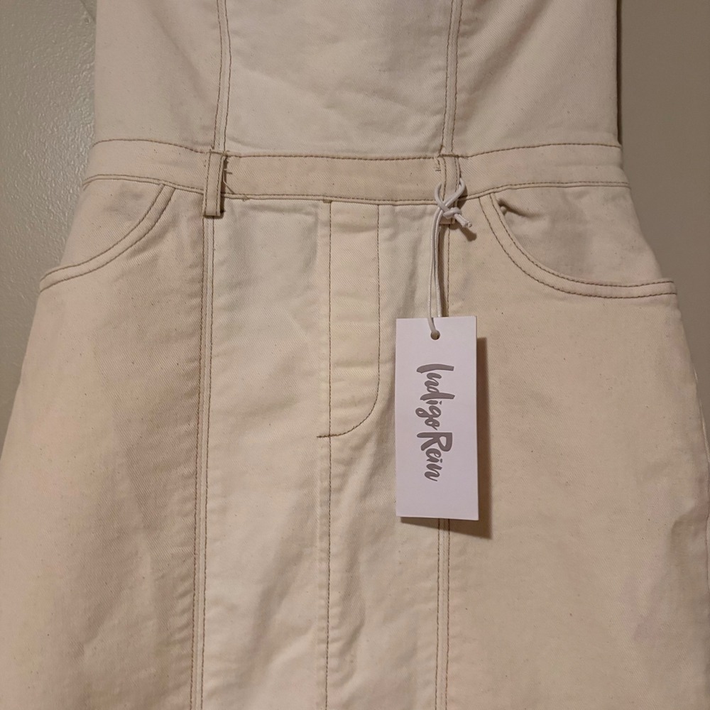 Indigo Rein Womens Strapless Denim Midi Dress Cream Off White Zip Back NWT SZ S - Picture 4 of 13
